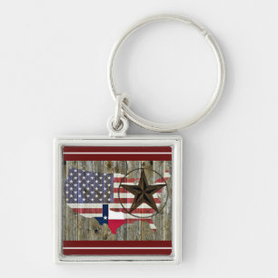 Texas Lone Star Statlig flagga Karta-nyckelkedja Fyrkantig Silverfärgad Nyckelring