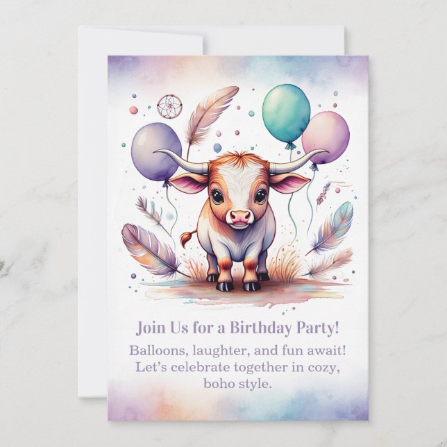 Texas Long Calf Birthday Invitation Pastel Boho  Inbjudningar (Framsida)