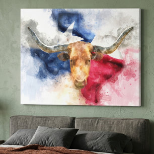 Texas Longhorn Akvarell med Flagga Kart Konst Canvastryck