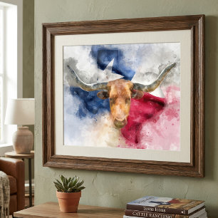 Texas Longhorn Akvarell med Flagga Kart Konst Fototryck