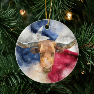 Texas Longhorn Akvarell med Flagga Kart Konst Julgransprydnad Keramik