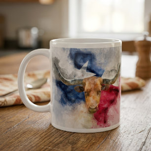 Texas Longhorn Akvarell med Flagga Kart Konst Kaffemugg