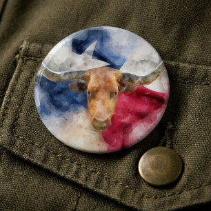 Texas Longhorn Akvarell med Flagga Kart Konst Knapp