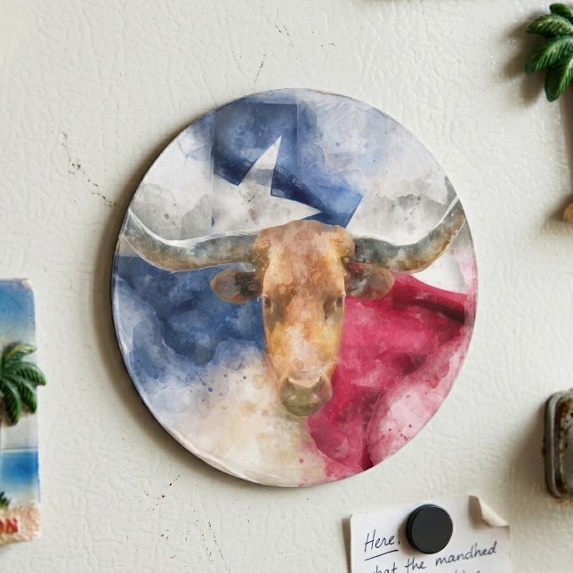 Texas Longhorn Akvarell med Flagga Kart Konst Magnet (Texas Longhorn Watercolor with Flag Map Art. Magnet)