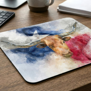 Texas Longhorn Akvarell med Flagga Kart Konst Musmatta