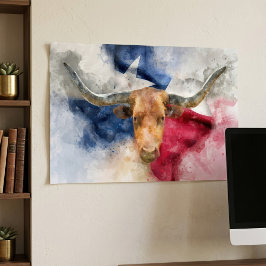 Texas Longhorn Akvarell med Flagga Kart Konst Poster
