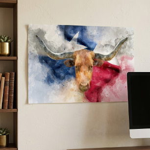 Texas Longhorn Akvarell med Flagga Kart Konst Poster