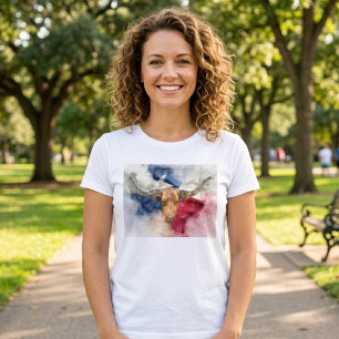 Texas Longhorn Akvarell med Flagga Kart Konst T Shirt