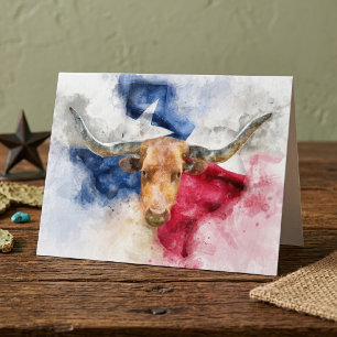 Texas Longhorn Akvarell med Flagga Kart Konst Tack Kort