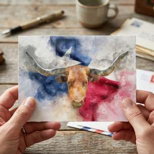 Texas Longhorn Akvarell med Flagga Kart Konst Vykort