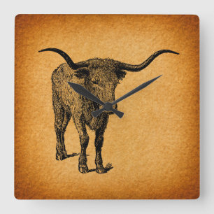 Texas Longhorn Bull Rustic Vintage Westernare kons Fyrkantig Klocka