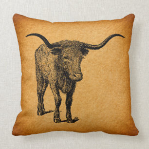 Texas Longhorn Bull Rustic Vintage Westernare kons Kudde