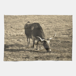 Texas Longhorn Cattle Cow Photo Rustic Kökshandduk