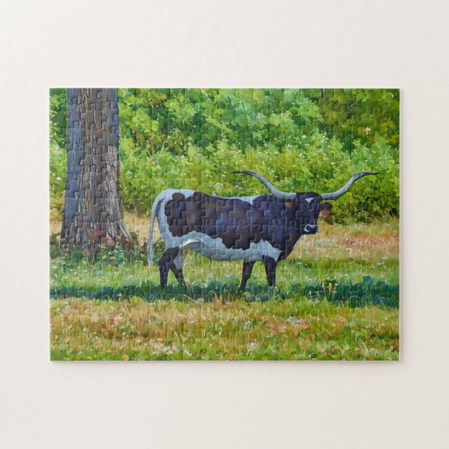 Texas Longhorn Cow Farm Stil Art Puzzle Pussel (Horisontell)