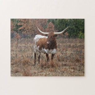 Texas Longhorn Cow i Fall Meadow Farm Stil Art Pussel
