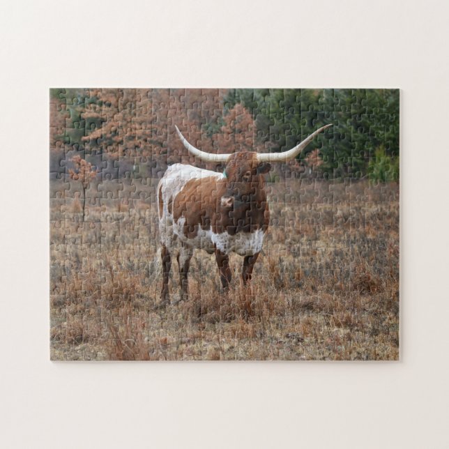 Texas Longhorn Cow i Fall Meadow Farm Stil Art Pussel (Horisontell)