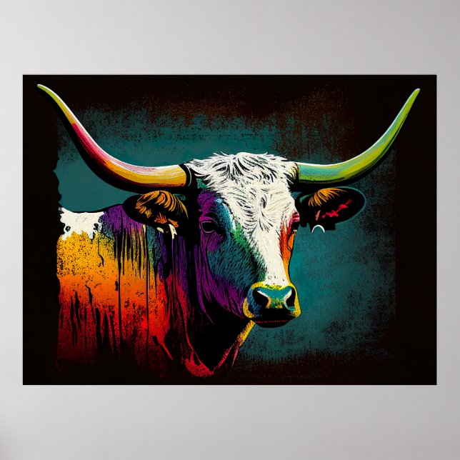 Texas Longhorn Cow Pop Art Skriv ut Poster (Framsidan)