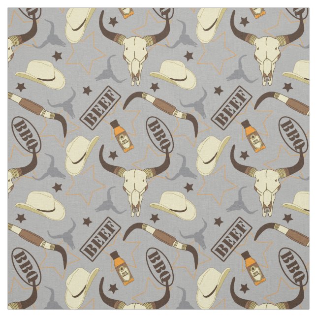 Texas Longhorn Döskallars and Stetsons BBQ Pattern Tyg (Provkarta)