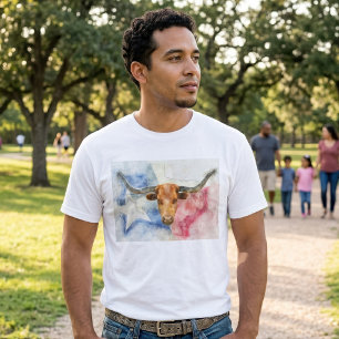 Texas Longhorn Ko och Flagga Akvarell Konsttryck T Shirt
