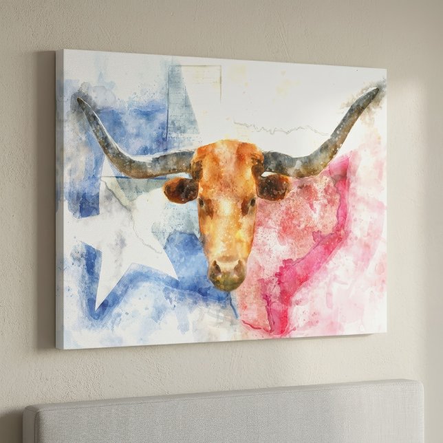 Texas Longhorn Ko och Flagga Akvarelltryck Konst Canvastryck (Texas Longhorn Cow and Flag Watercolor Print Art. Canvas Print)