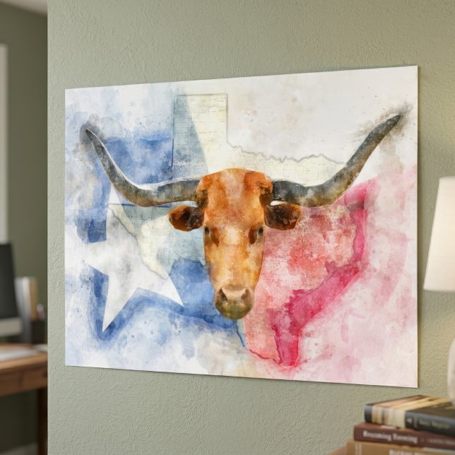 Texas Longhorn Ko och Flagga Akvarelltryck Konst Fototryck (Texas Longhorn Cow and Flag Watercolor Print Art. Poster)
