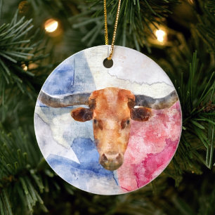 Texas Longhorn Ko och Flagga Akvarelltryck Konst Julgransprydnad Keramik