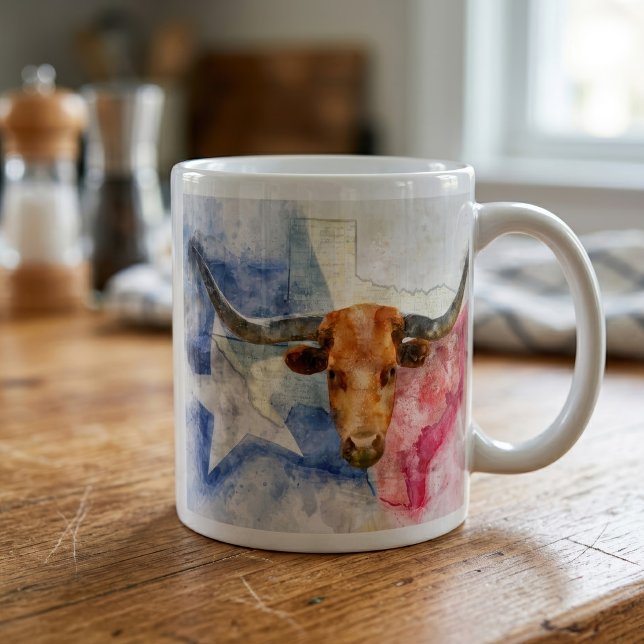 Texas Longhorn Ko och Flagga Akvarelltryck Konst Kaffemugg (Texas Longhorn Cow and Flag Watercolor Print Art. Coffee Mug)