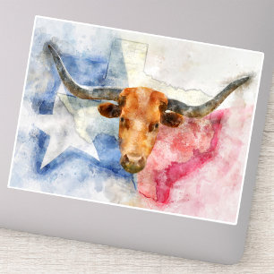Texas Longhorn Ko och Flagga Akvarelltryck Konst Klistermärken