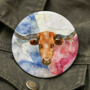 Texas Longhorn Ko och Flagga Akvarelltryck Konst Knapp