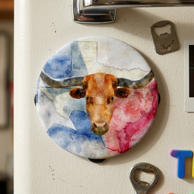 Texas Longhorn Ko och Flagga Akvarelltryck Konst Magnet (Texas Longhorn Cow and Flag Watercolor Print Art. Magnet)