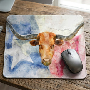 Texas Longhorn Ko och Flagga Akvarelltryck Konst Musmatta