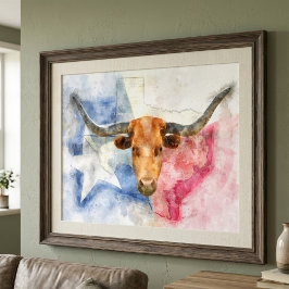 Texas Longhorn Ko och Flagga Akvarelltryck Konst Poster
