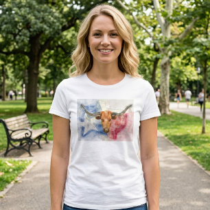 Texas Longhorn Ko och Flagga Akvarelltryck Konst T Shirt