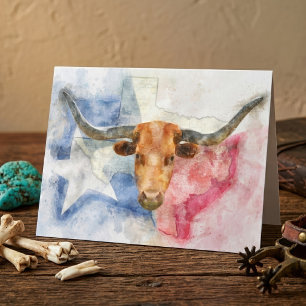 Texas Longhorn Ko och Flagga Akvarelltryck Konst Tack Kort