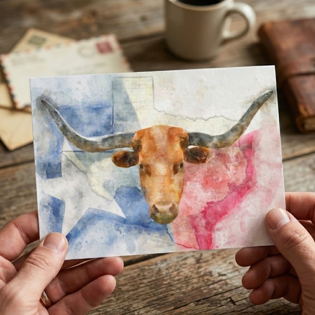 Texas Longhorn Ko och Flagga Akvarelltryck Konst Vykort (Texas Longhorn Cow and Flag Watercolor Print Art. Postcard)