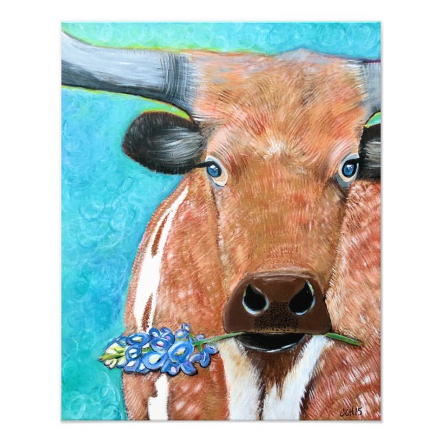 Texas Longhorn med Bluebonnet Fototryck (Framsidan)