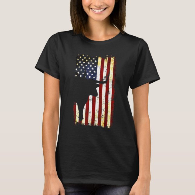 Texas Longhorn Silhouette American Flagga 4:e Jul T Shirt (Framsida)