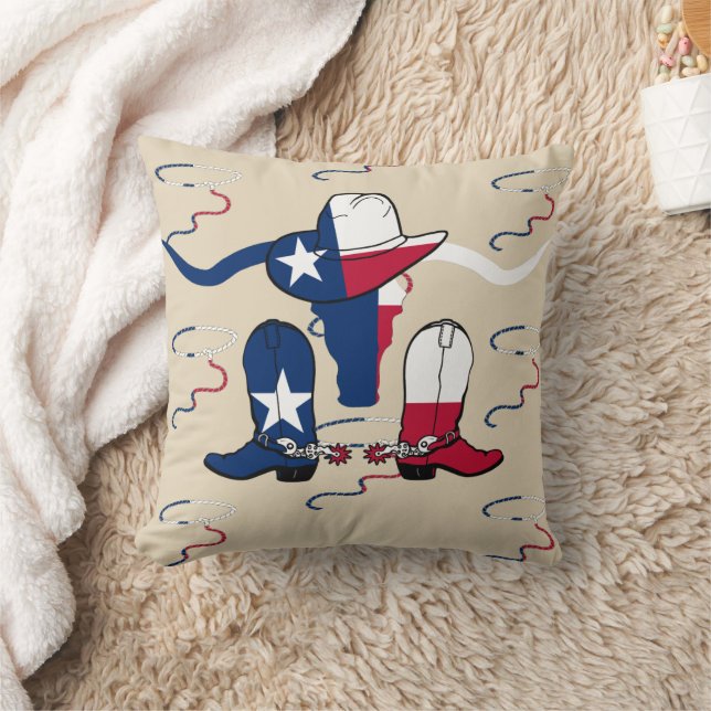 Texas Longhorn Steer Cowboy Hat Boots and Rope Kudde (Filt)