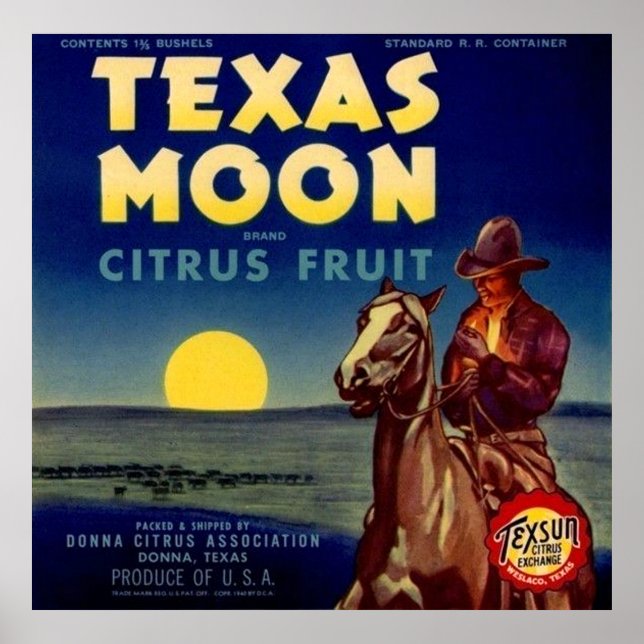 Texas Måne Citrus Fruit Låda etikett Poster (Framsidan)