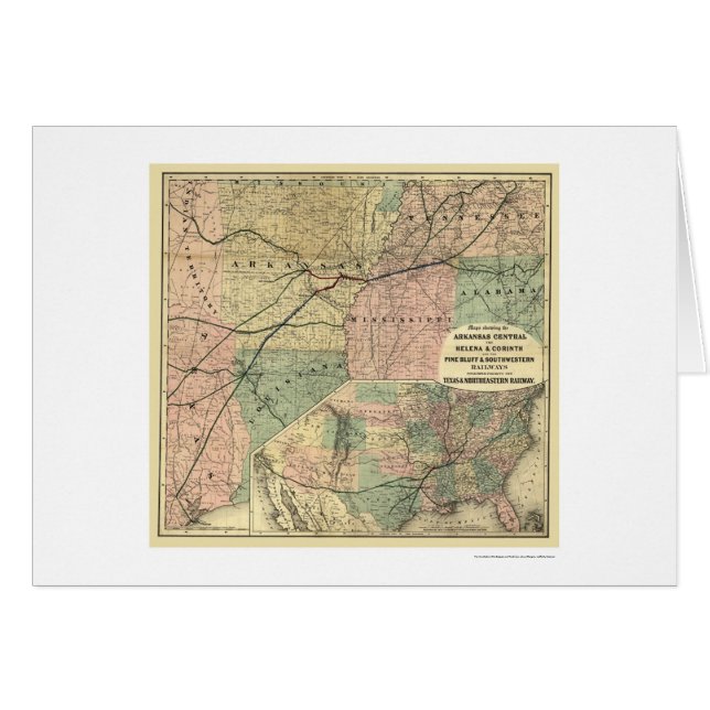 Texas & nordöstra järnvägkarta 1872 hälsningskort (Framsidan Horizontal)