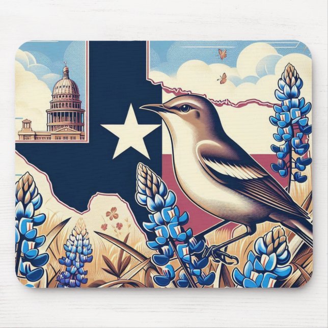 Texas Northern Mockingbird och Bluebonnet Flower Musmatta (Framsidan)