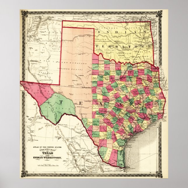 Texas och Indian TerritoryPanoramic Karta Poster (Framsidan)