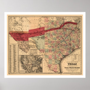 Texas & Pacific Railroad Karta 1873 Poster