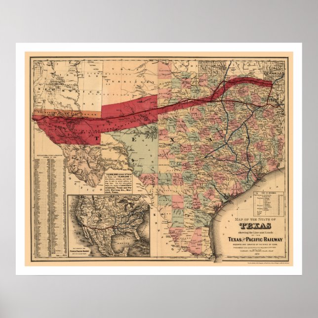 Texas & Pacific Railroad Karta 1873 Poster (Framsidan)