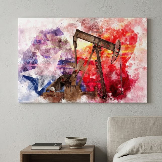 Texas Pumpjack Akvarell med Texas Flagga Konst Canvastryck (Texas Pumpjack Watercolor with Texas Flag Art. Canvas Print)