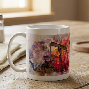Texas Pumpjack Akvarell med Texas Flagga Konst Kaffemugg