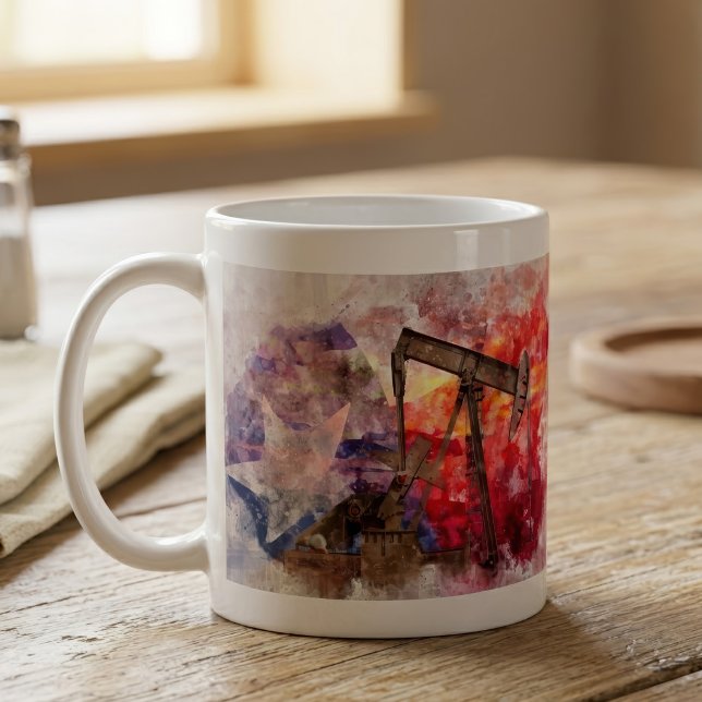 Texas Pumpjack Akvarell med Texas Flagga Konst Kaffemugg (Texas Pumpjack Watercolor with Texas Flag Art. Coffee Mug)