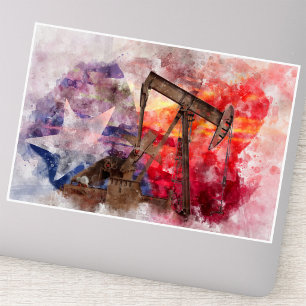 Texas Pumpjack Akvarell med Texas Flagga Konst Klistermärken