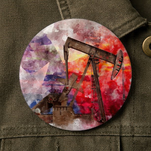 Texas Pumpjack Akvarell med Texas Flagga Konst Knapp