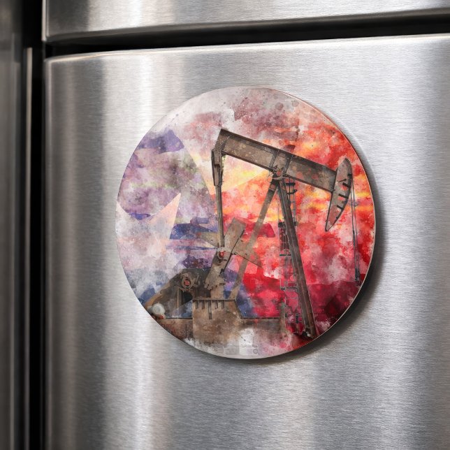 Texas Pumpjack Akvarell med Texas Flagga Konst Magnet (Texas Pumpjack Watercolor with Texas Flag Art. Magnet)